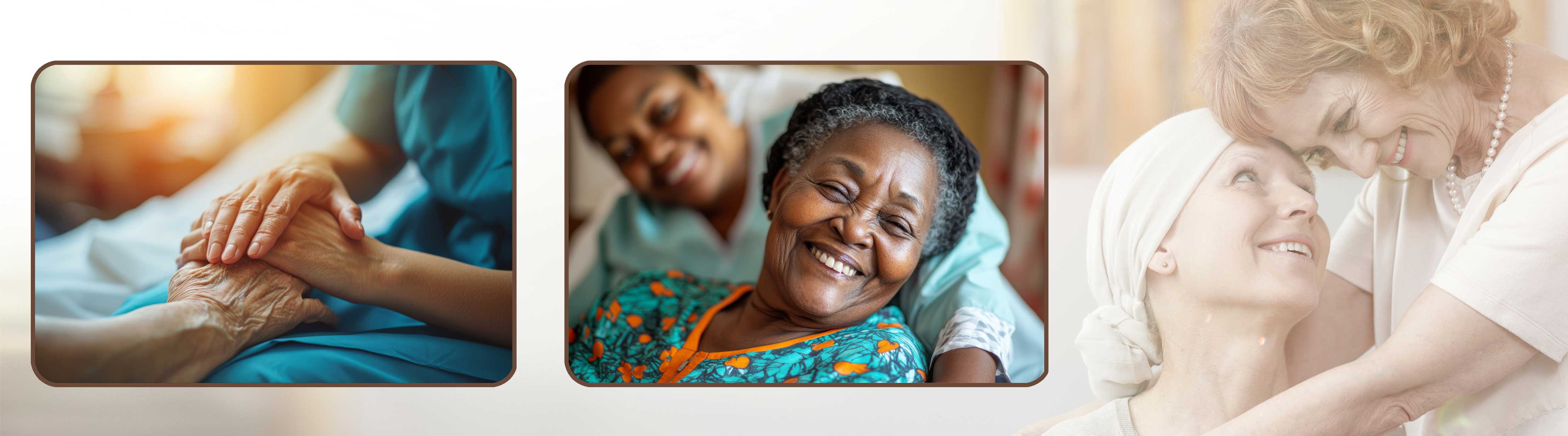 Collage of palliative care: a caregiver holding the hands of an elderly patient, an older woman smiling warmly with support from a nurse, and a woman with cancer embraced by a loved one—representing comfort, compassion, and dignity in care.